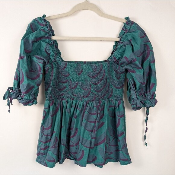 Porridge Smocked Peasant Top Teal Purple Leaf Print Cotton – Women’s M - Picture 6 of 11